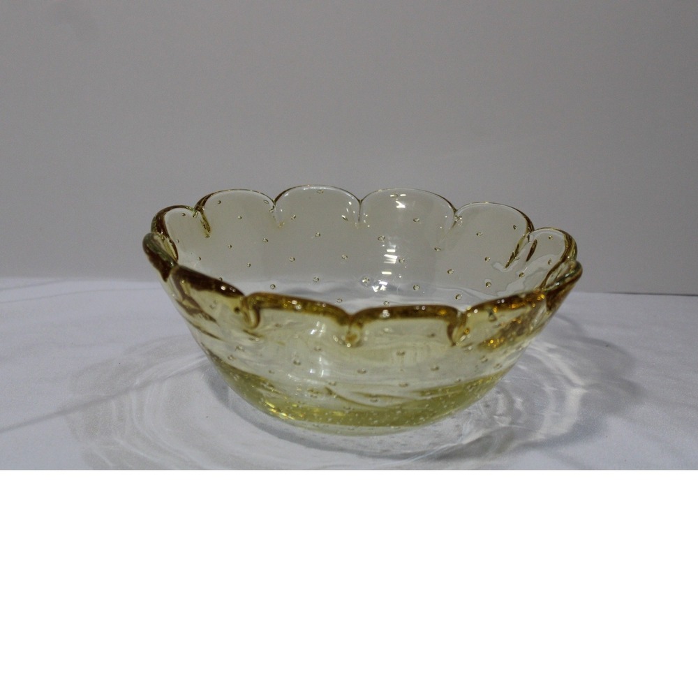 Vintage Amber Bullicante Art Glass Bowl Scalloped Rim Controlled Bubble 7.5 Inch